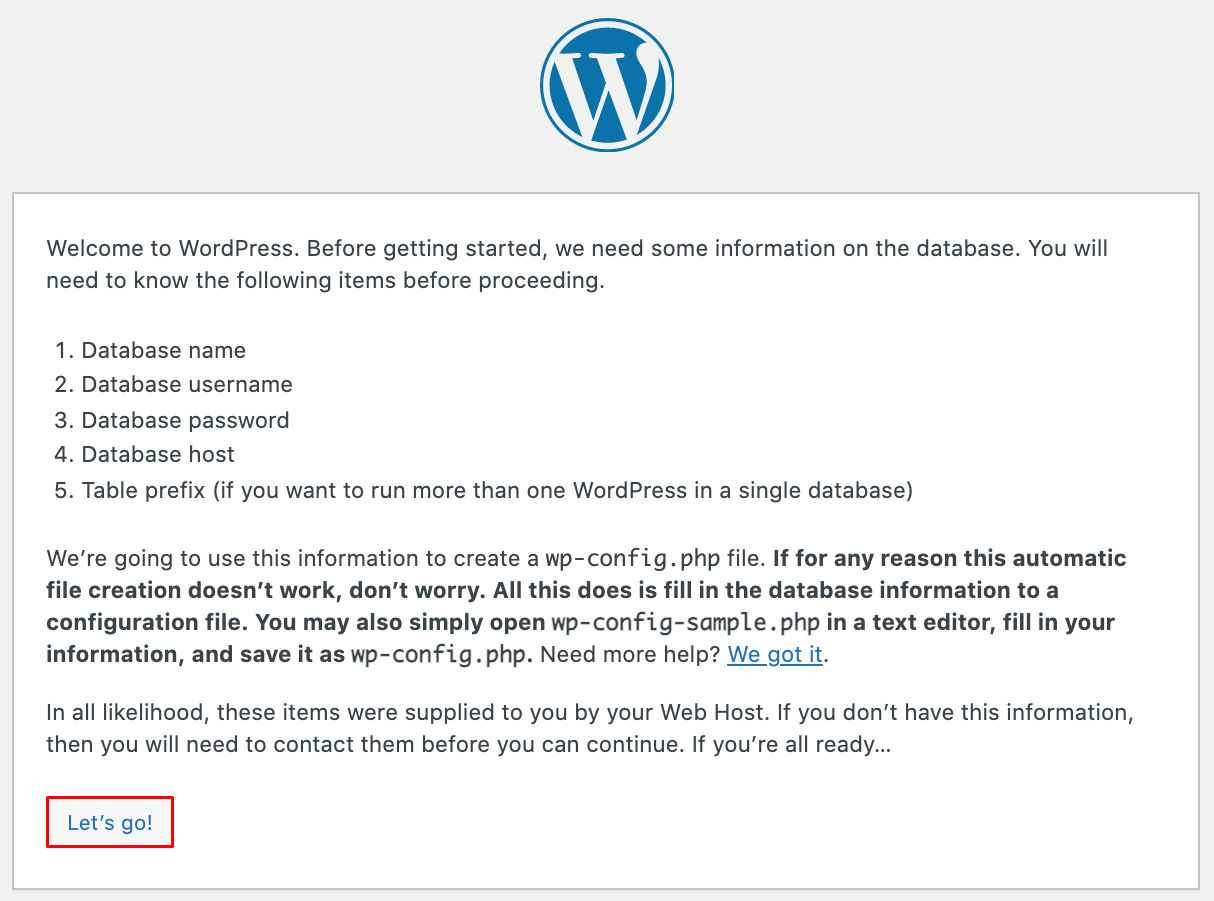 Screenshot of the Welcome to WordPress screen