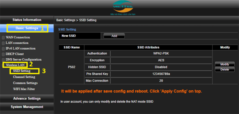 Chọn Basic Settings -> Wireless Lan – > SSID Setting 