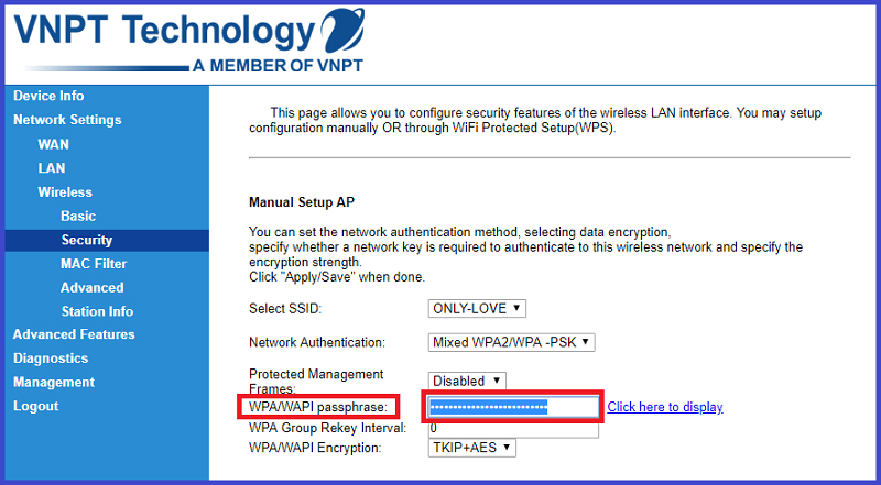 Chọn Security và nhập password mới tại WPA/WAPI passphrase