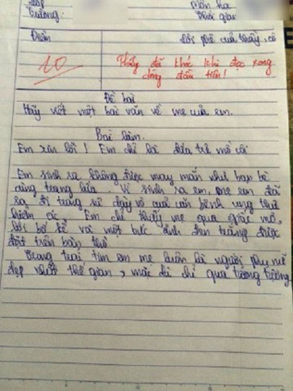 Bài văn tả mẹ đạt điểm 10 khiến thầy giáo phải bật khóc ngay khi đọc ...
