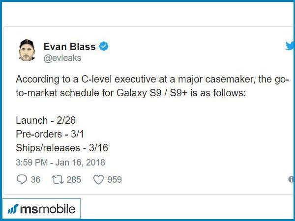 Leaker uy tín Evan Blass vừa hé lộ ngày ra mắt của bộ đôi S9 và S9 Plus
