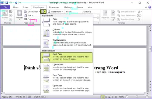 Cách đánh số trang trong word 2010