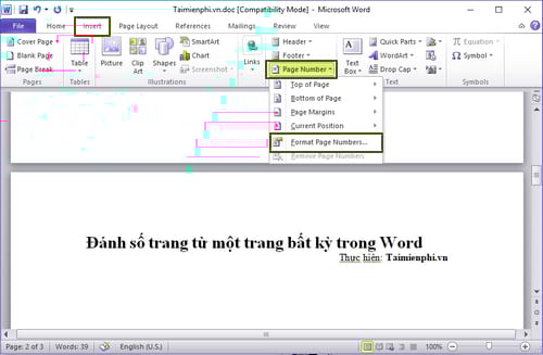 Cách đánh số trang trong word 2010