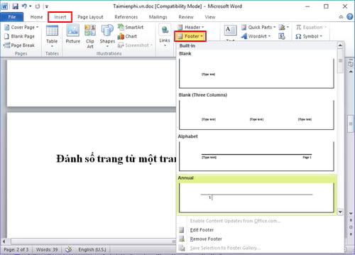 Cách đánh số trang trong word 2010