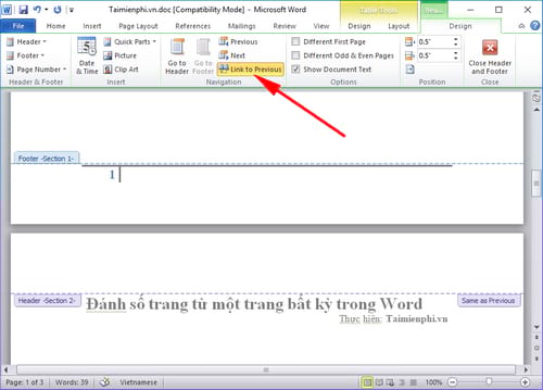 Cách đánh số trang trong word 2010