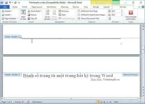 Cách đánh số trang trong word 2010