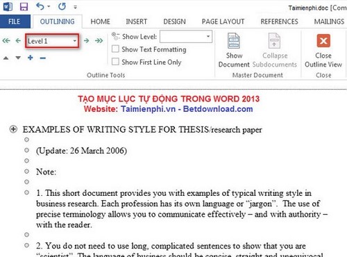 Cách tạo mục lục trong word 2013