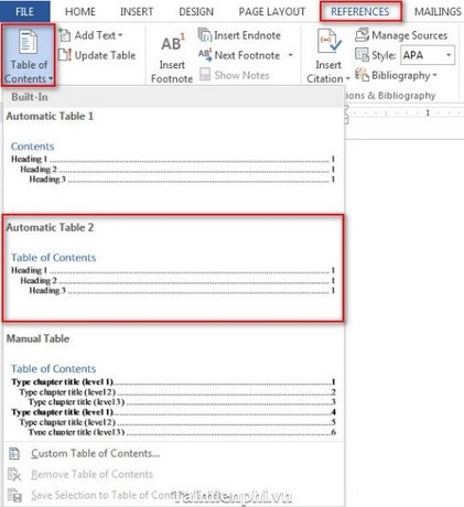 Cách tạo mục lục trong word 2013